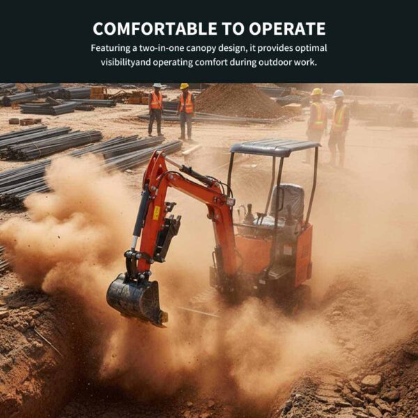 Gambar aplikasi Mini Excavator 1 Ton yang menunjukkan ekskavator oranye yang bekerja dalam debu di lokasi konstruksi