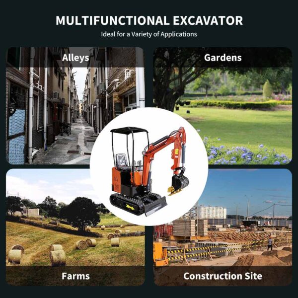 1 Ton Mini Excavator aplikasi kolase menunjukkan gang, kebun, peternakan dan lokasi konstruksi