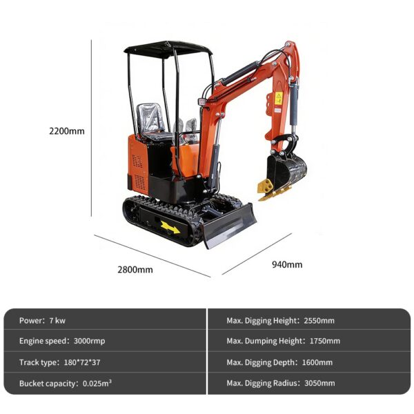 1 Ton Mini Excavator dimensi dan grafik spesifikasi dengan excavator oranye dengan kanopi