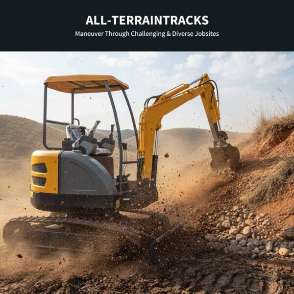 Image d'application Mini Excavator de 2,5 tonnes montrant une excavatrice jaune et grise creusant dans une banque de sol