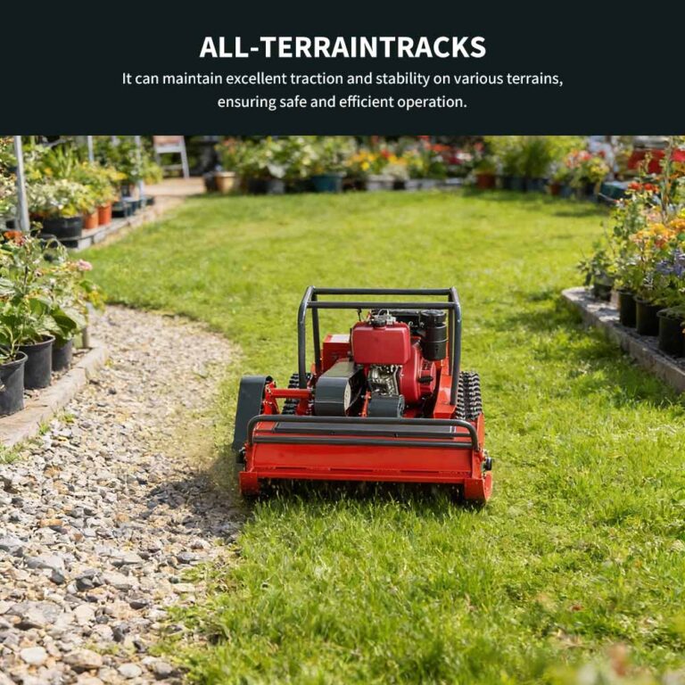 3 Lawn Mower Choices for Perfect Lawns 4 800 mm fjernbetjeningsplæneklipper, der viser en rødbælteklipper på en græssti ved siden af grus og potteplanter