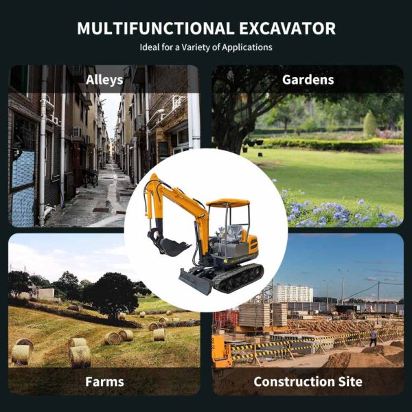 Collage de aplicación de miniexcavadoras de 2,2 toneladas que muestra callejones, jardines, granjas y sitios de construcción