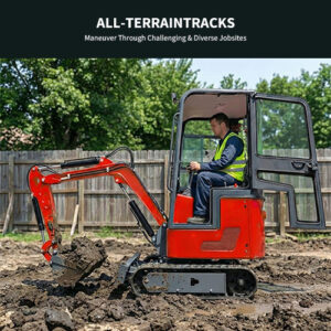 0.8 Ton Mini Excavator application image showing an orange excavator with a cab working on disturbed ground beside a fence