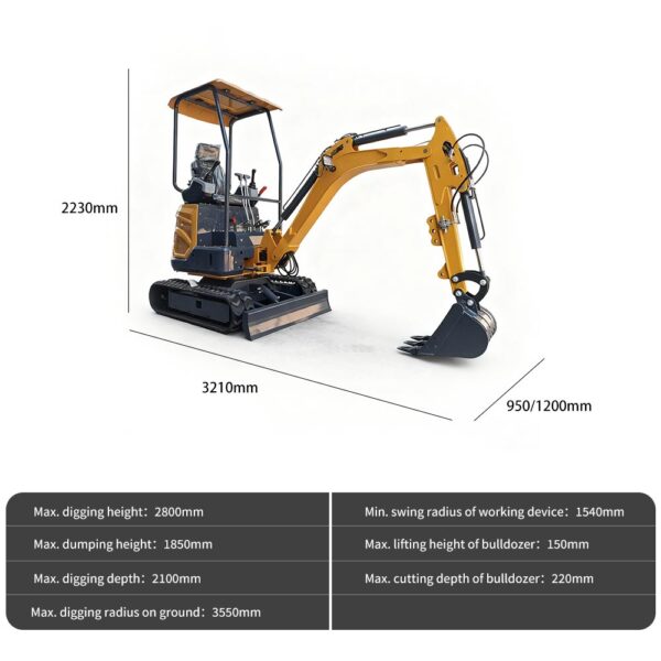 1.8 Ton Mini Excavator dimensi dan grafik spesifikasi dengan excavator kuning dengan kanopi
