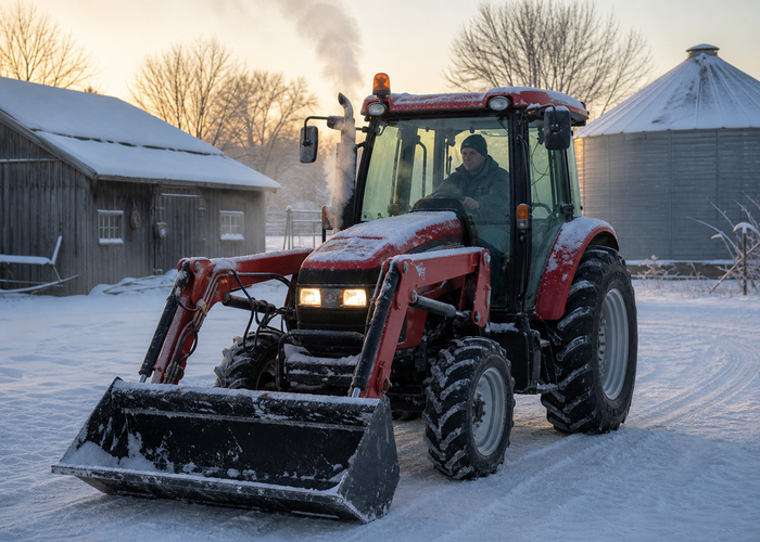 Arranque del tractor en climas fríos y cuidado de la batería para las tareas de invierno 2 Tractor agrícola que comienza en un patio nevado con vapor de escape visible en el aire frío de la mañana