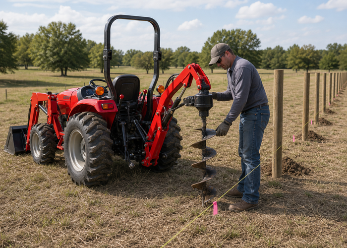 Operator checking fence string line and auger alignment behind a compact tractor