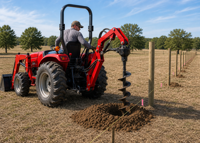 Compact tractor drilling a clean fence post hole in dry soil with spoil cleared away