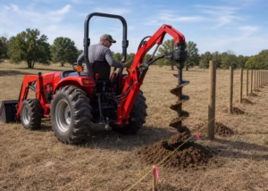 Kompaktni traktor koji koristi kopač rupa nakon rupe duž označene linije ograde