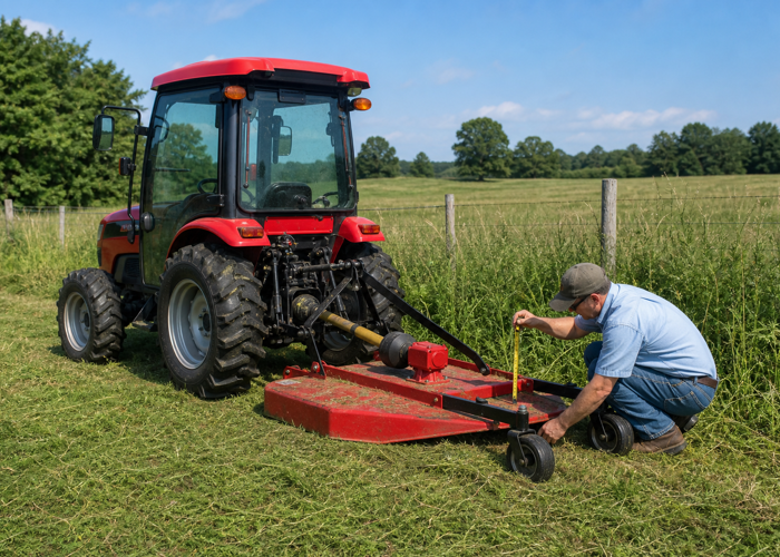 Compact Tractor Rotary Cutter Setup for Overgrown Pasture: Deck Height, PTO Speed, and Slope Planning 7 Operator checking rotary cutter height beside a compact tractor at a pasture fence line