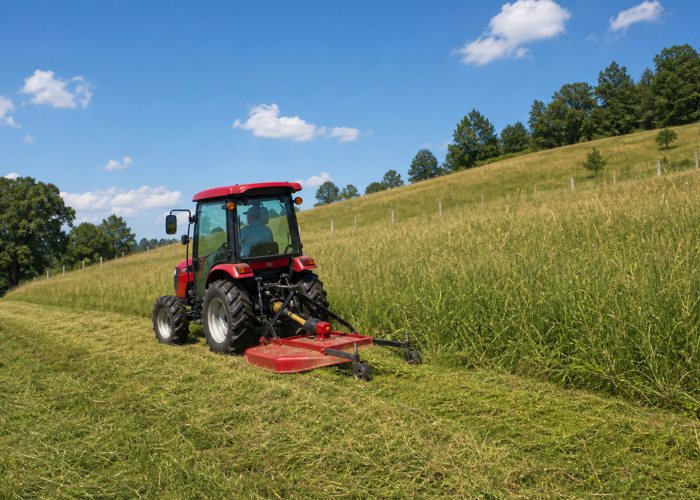 Compact Tractor Rotary Cutter Setup for Overgrown Pasture: Deck Height, PTO Speed, and Slope Planning 2 Compact tractor finishing a safe uphill mowing pass along a pasture slope