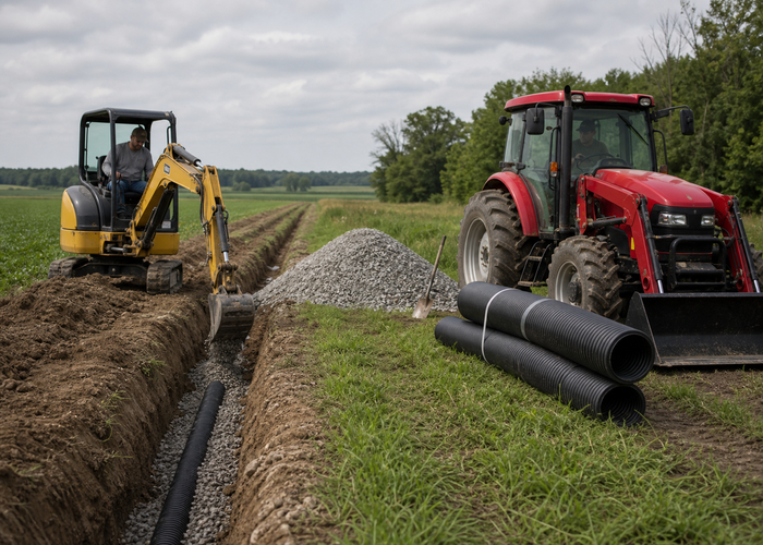 Mini Excavator and Tractor Combo planiranje za poslove drenaže na farmi 4 Mini bager koji kosi ivicu polja dok potporni traktor čeka cijevi i šljunkom