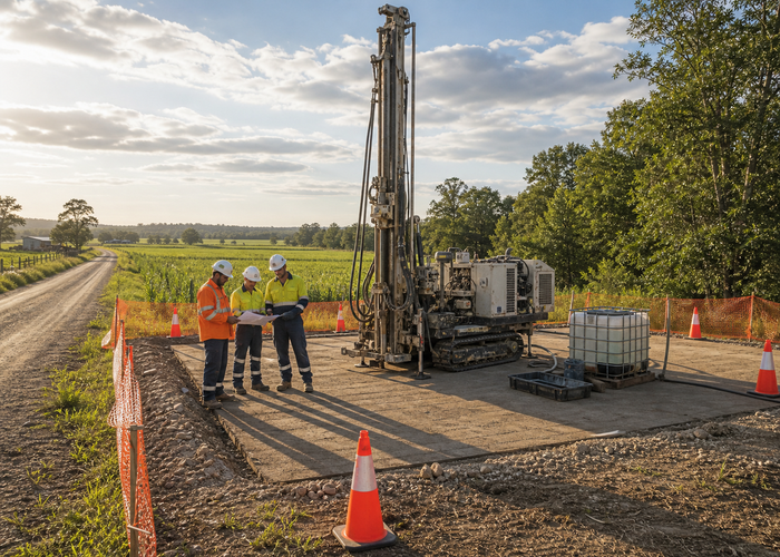 Boor Rig Site Voorbereiding Kontrolelys Voor Klein Boorhole Jobs 2 Kompakte boortuig op 'n gelyke voorbereide pad langs 'n plaas toegangspad