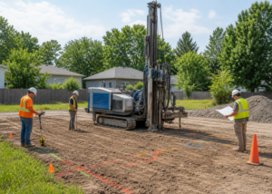 Compacte boorinstallatie voorbereid op een gemarkeerde bouwplaats vóór boorgatwerkzaamheden