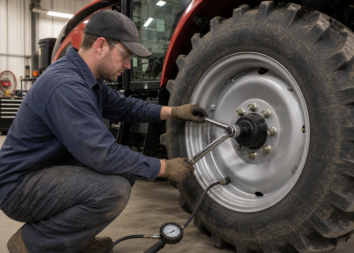 Ce să inspectați pe un nou tractor agricol înainte de primele 50 de ore 1 Operatorul verifică feroneria roților și presiunea în anvelope în timpul inspecției noului tractor