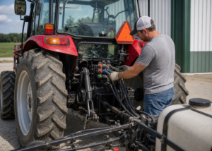 Operator care inspectează cuplele hidraulice ale tractorului și rutarea furtunului înainte de a atașa un pulverizator