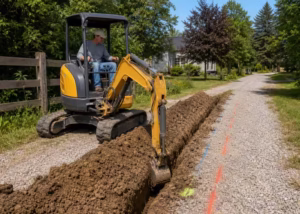 Mini excavator opening a marked utility trench beside a residential driveway
