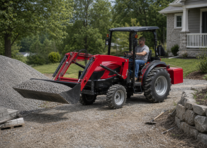 Compact farm tractor with front loader carrying gravel in a residential landscape yard