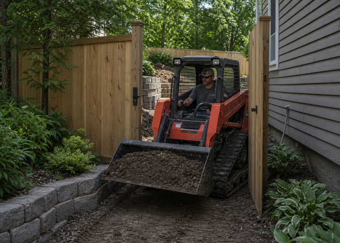 Compact tracked mini skid steer carrying soil through a narrow backyard gate