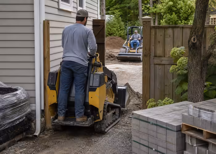 Stand-on mini skid steer and ride-on loader compared near narrow backyard gate