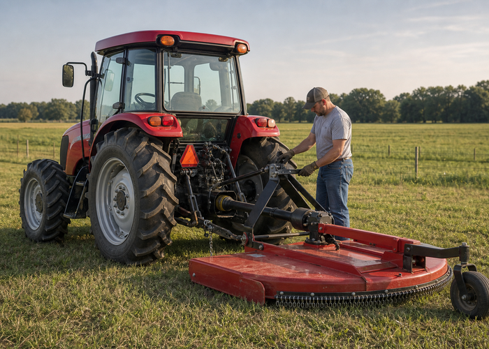 PTO Safety comprova que tots els operadors de tractors haurien de fer abans de connectar una implementació 2 Tractor agrícola i tallador rotatiu accionat per PTO després d'una connexió segura a terra plana