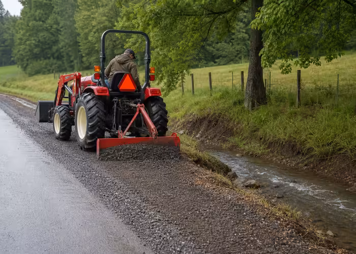 Compact Tractor Rear Blade Gravel Shoulder Recovery: Tilt, Windrow Control, and Drainage Checks After Washouts 6 Compact tractor using a rear blade to recover a washed gravel shoulder
