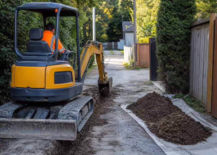 Mini Excavator Shallow Drain Line Repair: Probe Checks, Spoil Staging, and Finish Grade Control 7 Mini excavator opening a shallow drain line repair cut beside a property lane