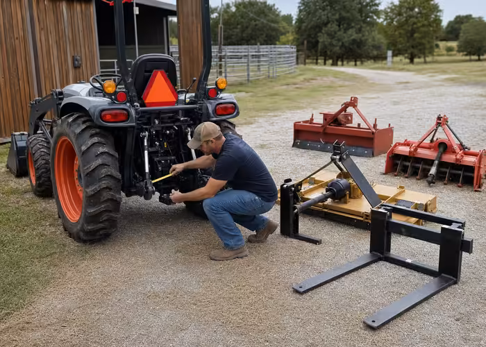 How to Match 3-Point Hitch Category and Lift Capacity to Real Tractor Implements 5 Operator measuring a tractor three-point hitch beside several rear implements