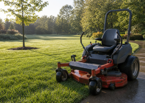 Lawn mower parked beside a dew-covered lawn after early morning rain