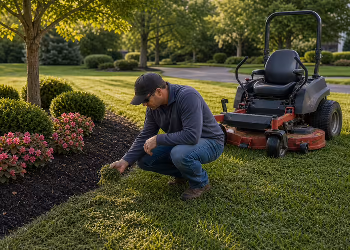 Zero-Turn Mower Bed-Line Turns: Wet Clippings, Tire Marks, at Cleaner Landscape Edges 1 Ininspeksyon ng operator ang wet clipping buildup malapit sa isang landscape bed bago ang isa pang mower pass