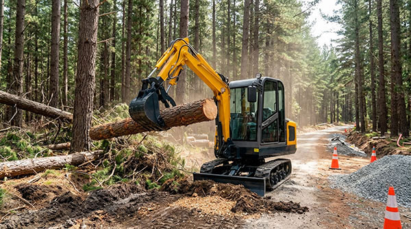 Excavator working in the forestry industry